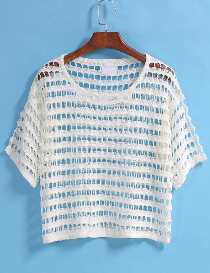 Romwe Short Sleeve Hollow Crop White Blouse