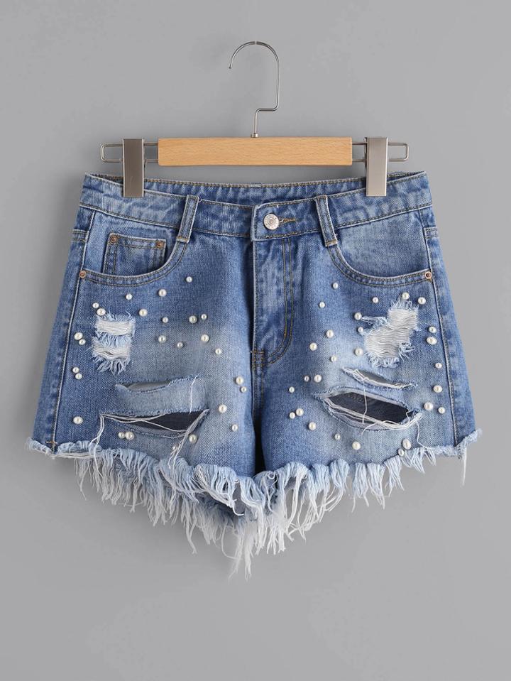 Romwe Faux Pearl Beading Distressed Denim Shorts