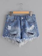 Romwe Faux Pearl Beading Distressed Denim Shorts