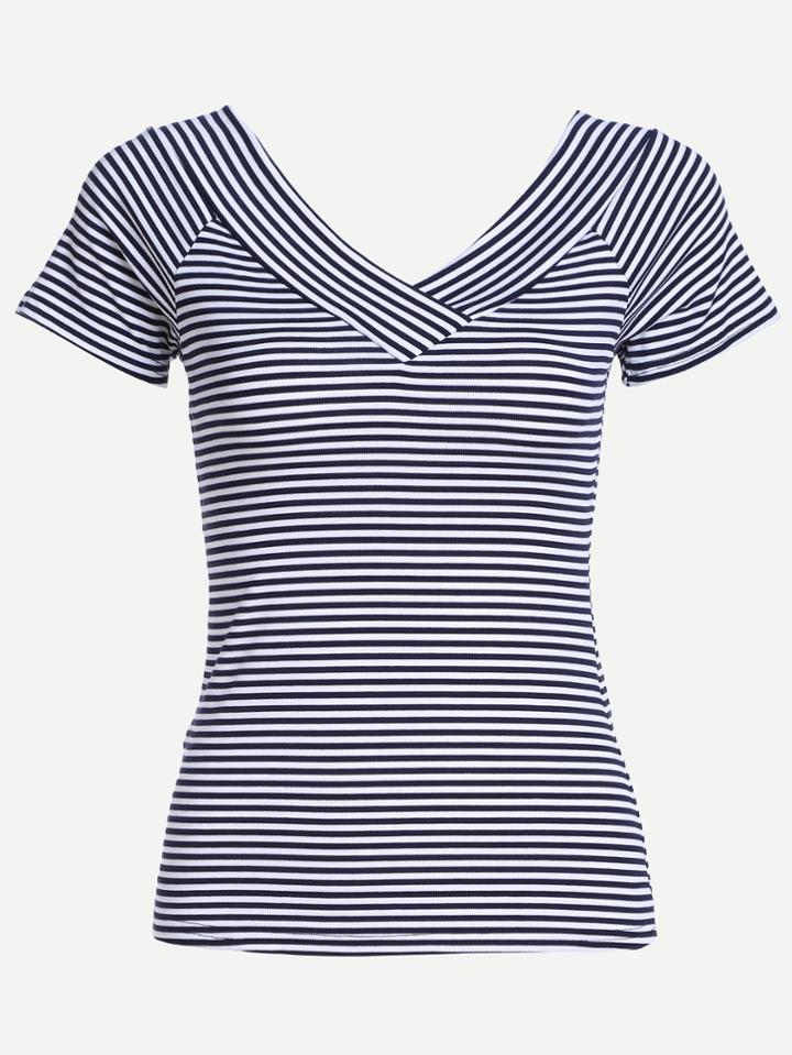 Romwe Navy Striped Double V Neck T-shirt