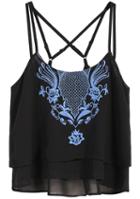 Romwe Criss Cross Embroidered Black Vest