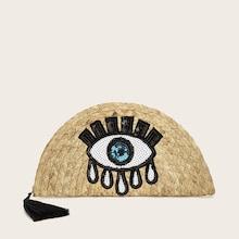 Romwe Tassel Detail Sequin Eye Decor Woven Clutch