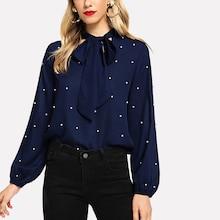 Romwe Tie Neck Faux Pearl Decor Blouse