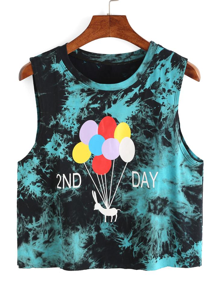 Romwe Tie Dye Balloon Print Crop Tank Top