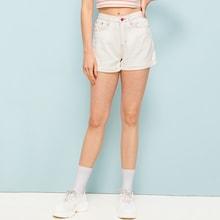 Romwe Roll Up Hem Contrast Topstitching Denim Shorts