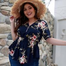 Romwe Plus Zipper Floral Print Shirred Blouse