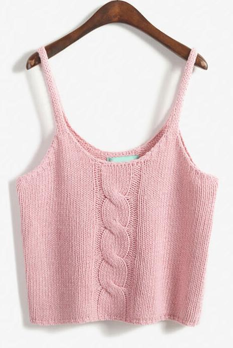 Romwe Spaghetti Strap Cable Knit Pink Cami Top