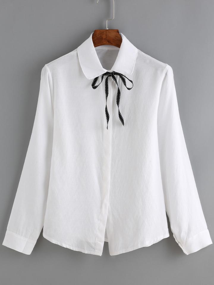 Romwe Women Lapel Long Sleeve Tie Blouse
