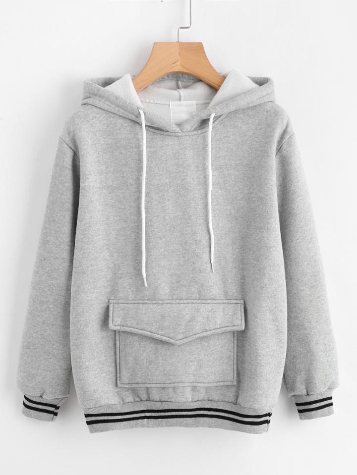 Romwe Striped Trim Pocket Front Hoodie