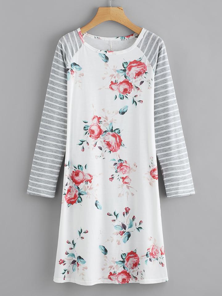 Romwe Floral Print Raglan Striped Sleeve Tee Dress