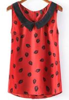 Romwe Red Contrast Collar Leaves Print Blouse