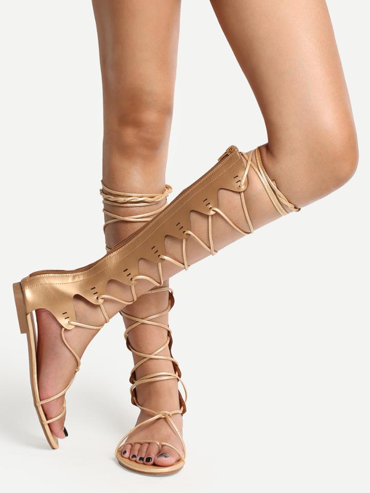 Romwe Golden Peep Toe Lace-up Zipper Back Gladiator Sandals