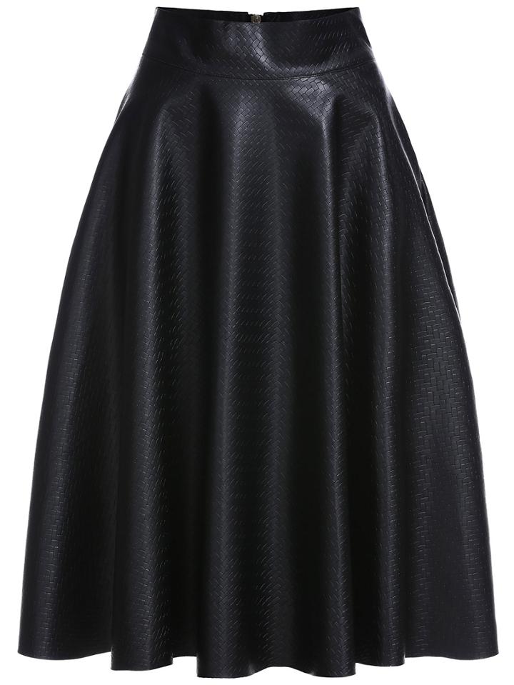 Romwe Zipper Pu Flare Skirt