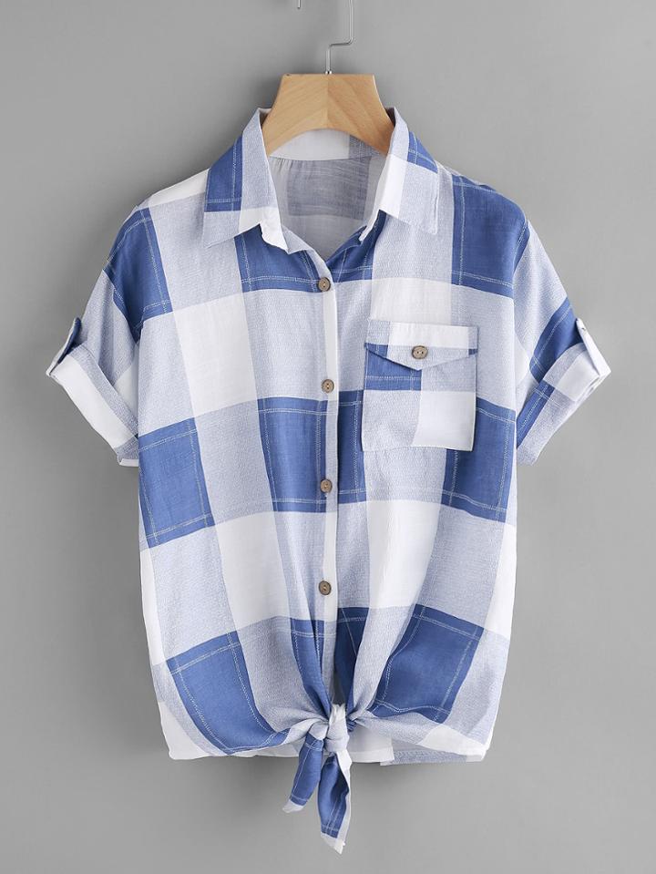 Romwe Checked Knot Front Cuffed Shirt