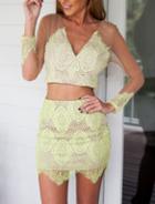 Romwe V Neck Sheer Mesh Crop Top With Asymmetrical Hem Skirt