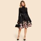 Romwe 50s Frill Neck Self Belt Flared Floral Dress