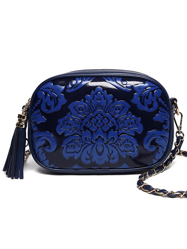 Romwe Flower Embossed Tassel Zip Chain Strap Bag - Blue