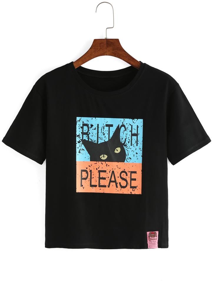 Romwe Black Cat Print T-shirt