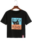 Romwe Black Cat Print T-shirt