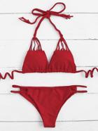Romwe Braided Strap Cutout Detail Halter Bikini Set