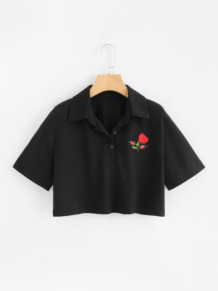 Romwe Rose Embroidered Patch Crop Tee