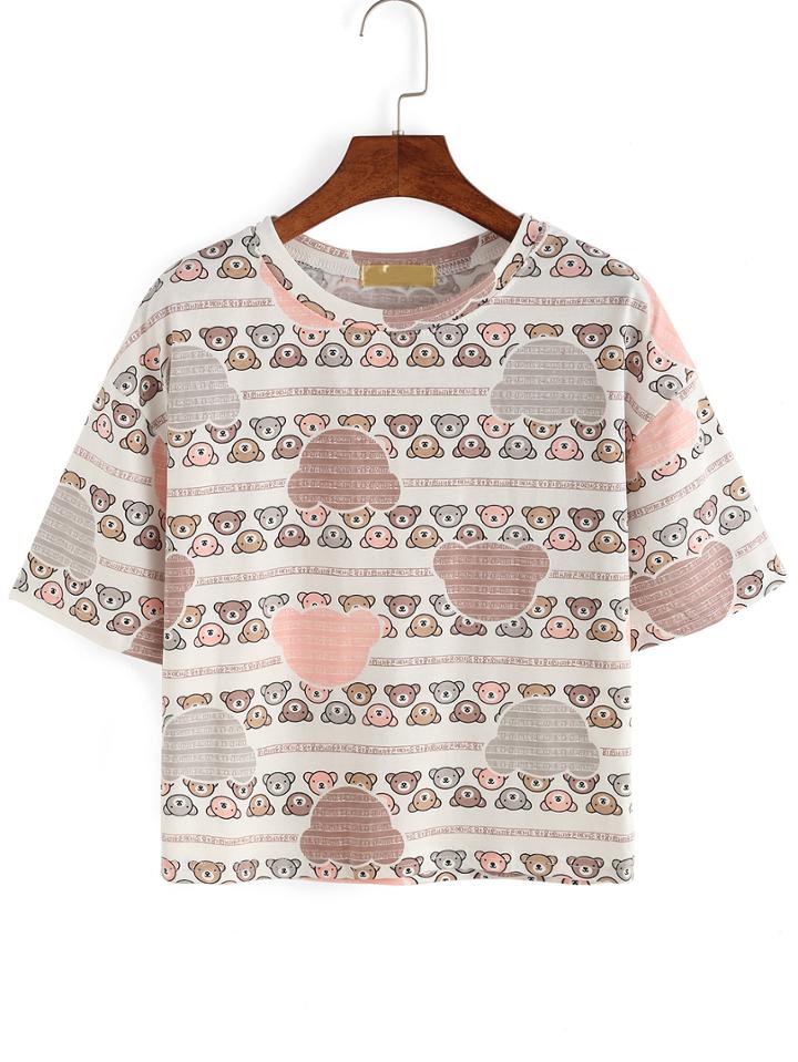 Romwe Allover Bear Print T-shirt - Pink