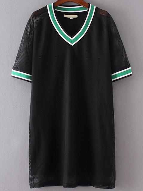 Romwe Black Striped Trim V Neck Mesh Dress