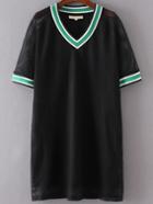 Romwe Black Striped Trim V Neck Mesh Dress
