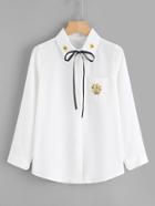 Romwe Floral Embroidered Tie Neck Shirt