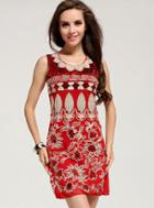 Romwe Totem Embroidered Red Tank Dress