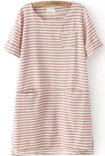 Romwe With Pocket Striped High Low Red Dress