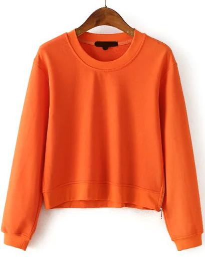 Romwe Round Neck Zipper Crop Orange Sweatshirt