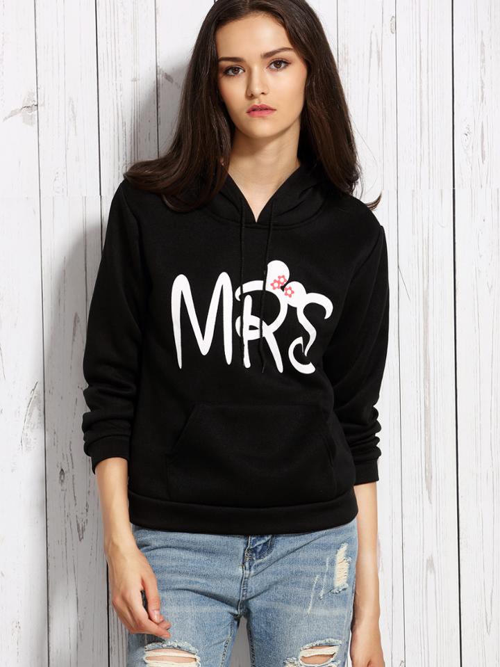 Romwe Black Letter Print Hooded Sweatshirt