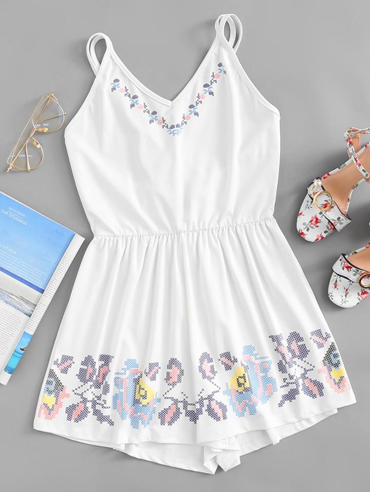 Romwe Geo Print Criss Cross Back Romper