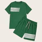 Romwe Guys Striped Tee & Pocket Patched Shorts Set