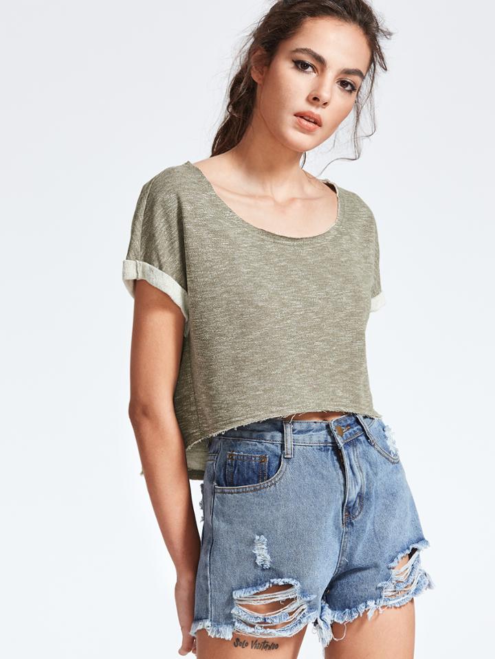 Romwe Olive Green Heathered Roll Cuff High Low Crop Tee