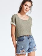 Romwe Olive Green Heathered Roll Cuff High Low Crop Tee