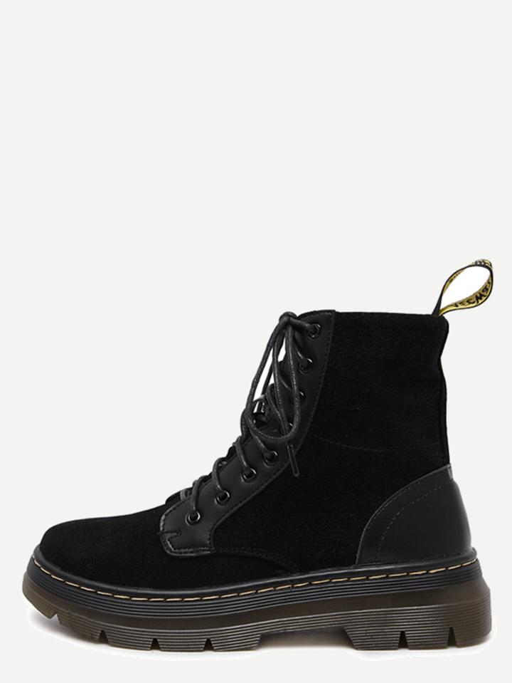 Romwe Black Nubuck Leather Lace Up Rubber Sole Short Boots