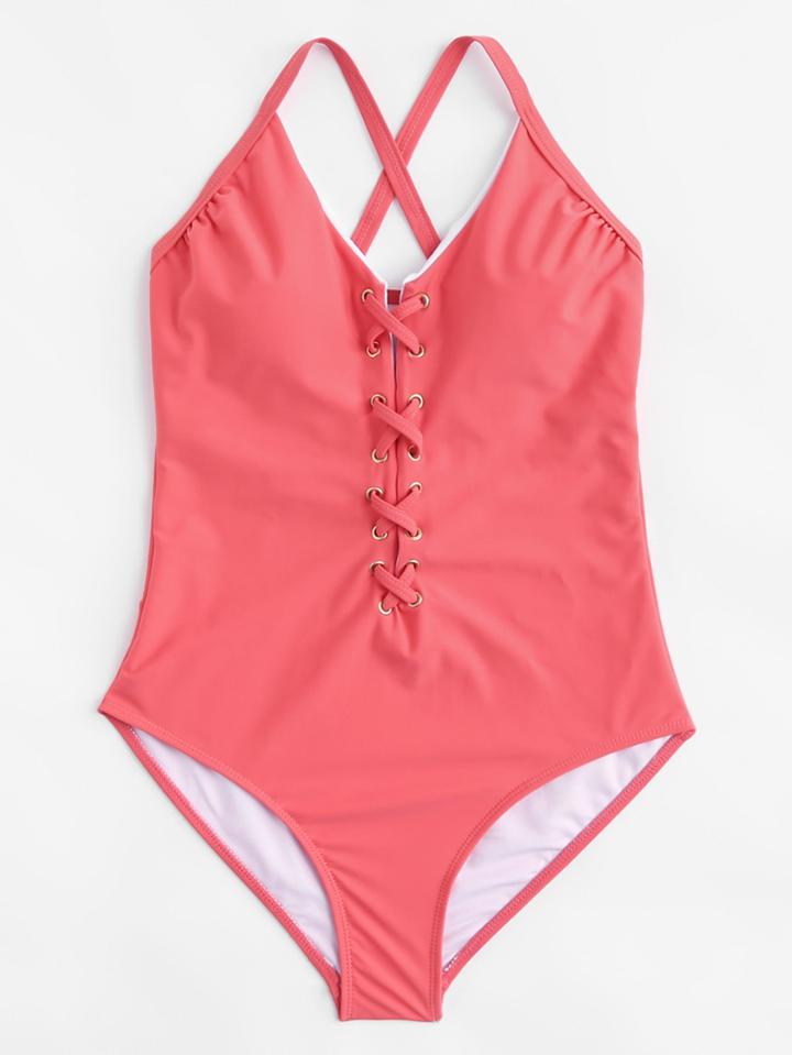 Romwe Lace Up Front Swimsuit