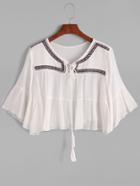 Romwe White Bell Sleeve Tie Neck Embroidery Fringe Crop Blouse