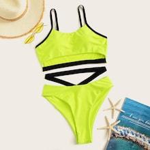 Romwe Neon Lime Contrast Piping Top With High Leg Bikini