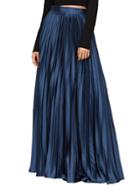 Romwe Navy Side Pleated Flare Maxi Skirt