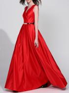 Romwe Red V Neck Backless Belted Maxi Dress