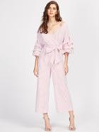 Romwe Drop Shoulder Gathered Sleeve Surplice Wrap Pinstripe Jumpsuit