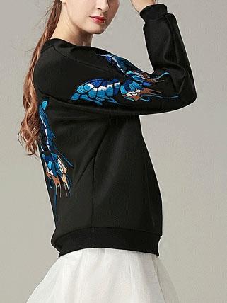 Romwe Bat Sleeve Butterfly Embroidered Black Sweatshirt