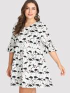 Romwe Flounce Sleeve Flamingo Print Dress