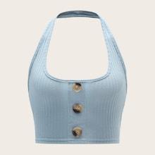 Romwe Halter Button Detail Top