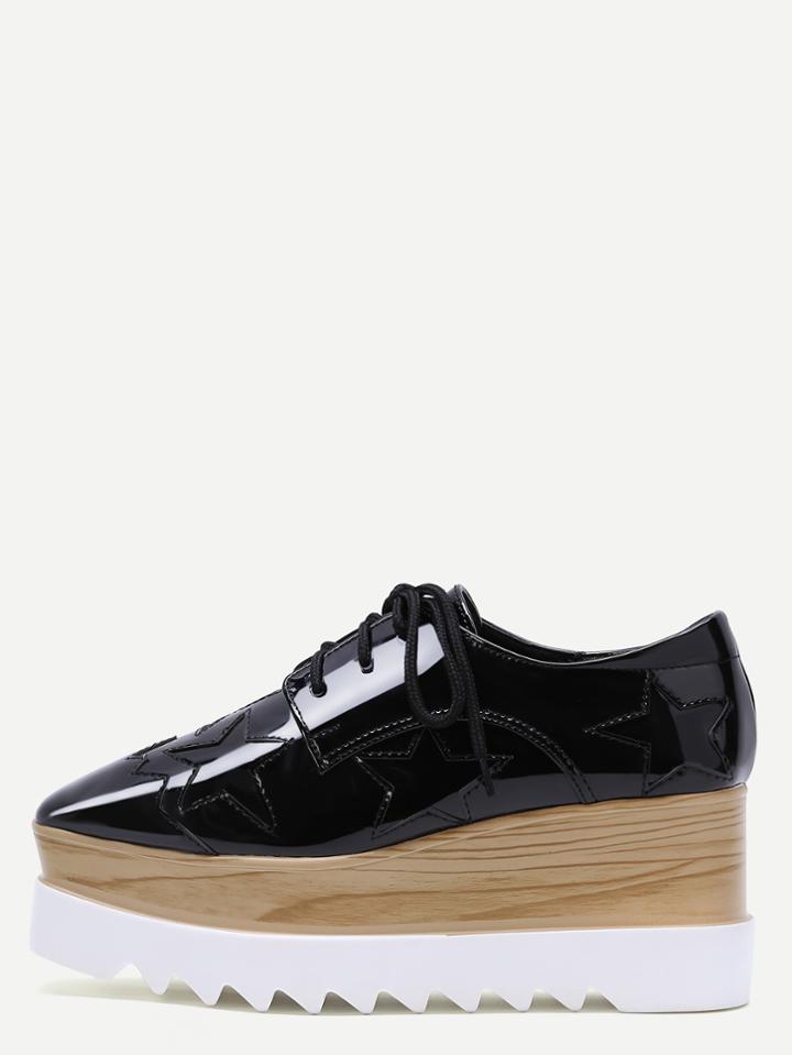 Romwe Black Square Toe Star Patch Wedge Oxfords