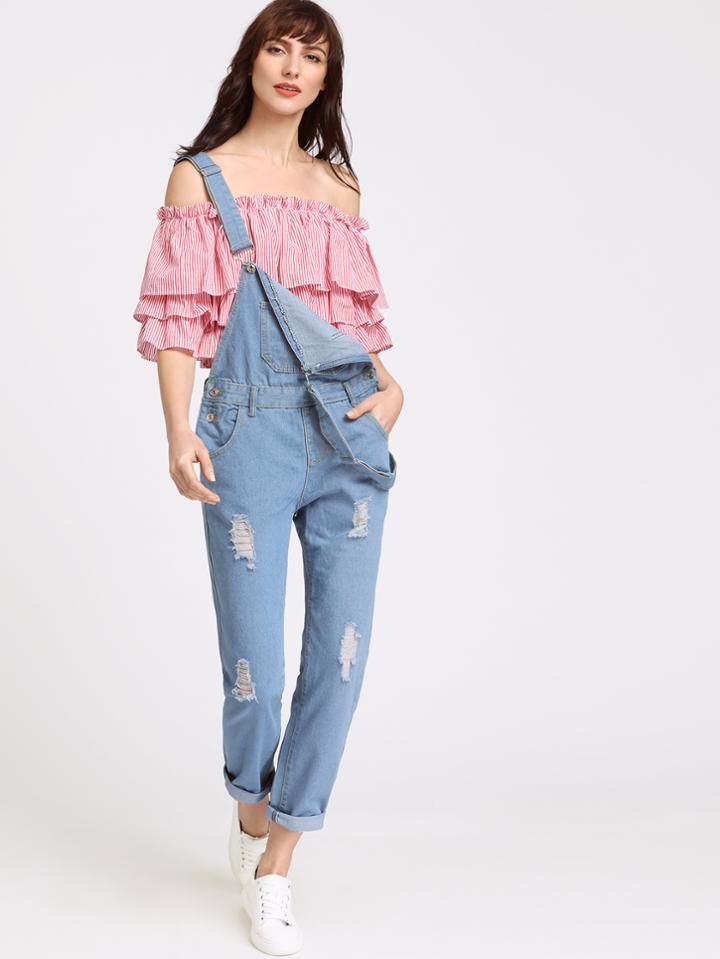 Romwe Blue Ripped Rolled Hem Denim Overall Pants