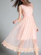 Romwe Pink Contrast Lace Pleated A-line Dress